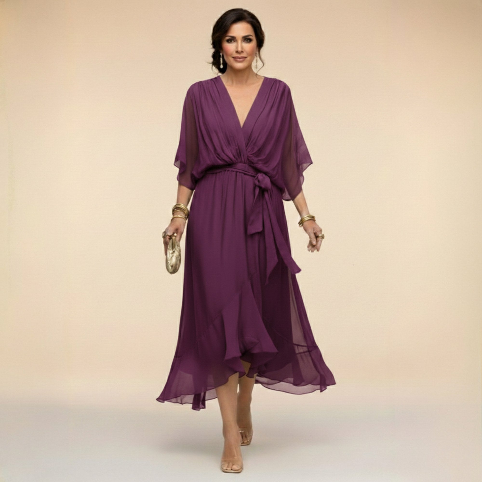 Brianna | Women's Midi Dress with V-Neckline and Adjustable Waist, Flowing Midi Dress | Dressific | Rojo