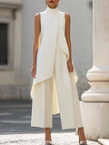 Brooke | Women's High-Neck Asymmetric Top Two-Piece Set, Wide-Leg Trouser Suit | Dressific | Blanco