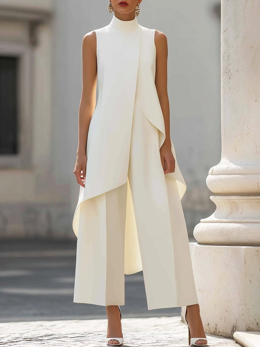 Brooke | Women's High-Neck Asymmetric Top Two-Piece Set, Wide-Leg Trouser Suit | Dressific | Blanco