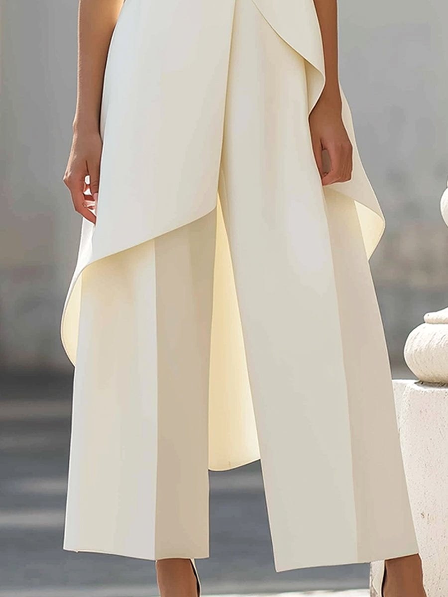 Brooke | Women's High-Neck Asymmetric Top Two-Piece Set, Wide-Leg Trouser Suit | Dressific | Azul Cielo