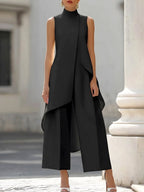 Brooke | Women's High-Neck Asymmetric Top Two-Piece Set, Wide-Leg Trouser Suit | Dressific | Rosa
