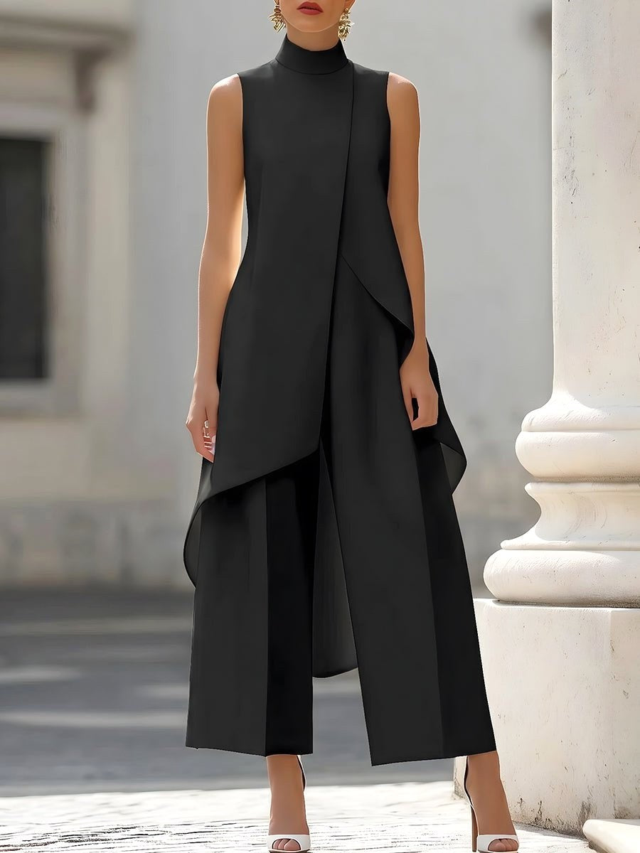 Brooke | Women's High-Neck Asymmetric Top Two-Piece Set, Wide-Leg Trouser Suit | Dressific | Rosa