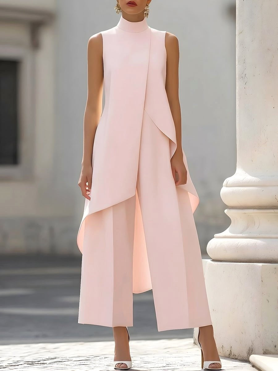 Brooke | Women's High-Neck Asymmetric Top Two-Piece Set, Wide-Leg Trouser Suit | Dressific | Verde Daiquiri