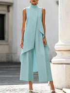 Brooke | Women's High-Neck Asymmetric Top Two-Piece Set, Wide-Leg Trouser Suit | Dressific