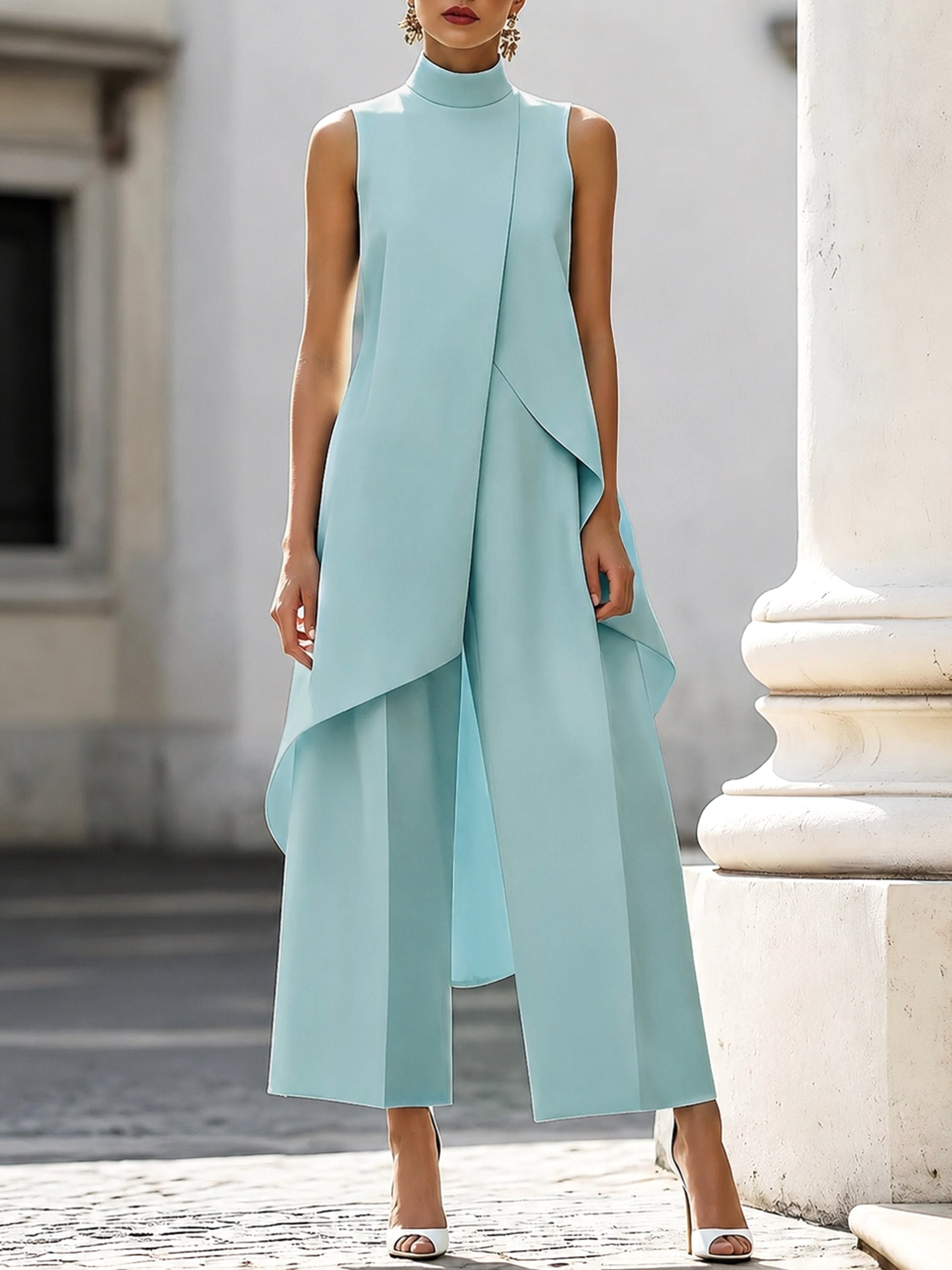 Brooke | Women's High-Neck Asymmetric Top Two-Piece Set, Wide-Leg Trouser Suit | Dressific