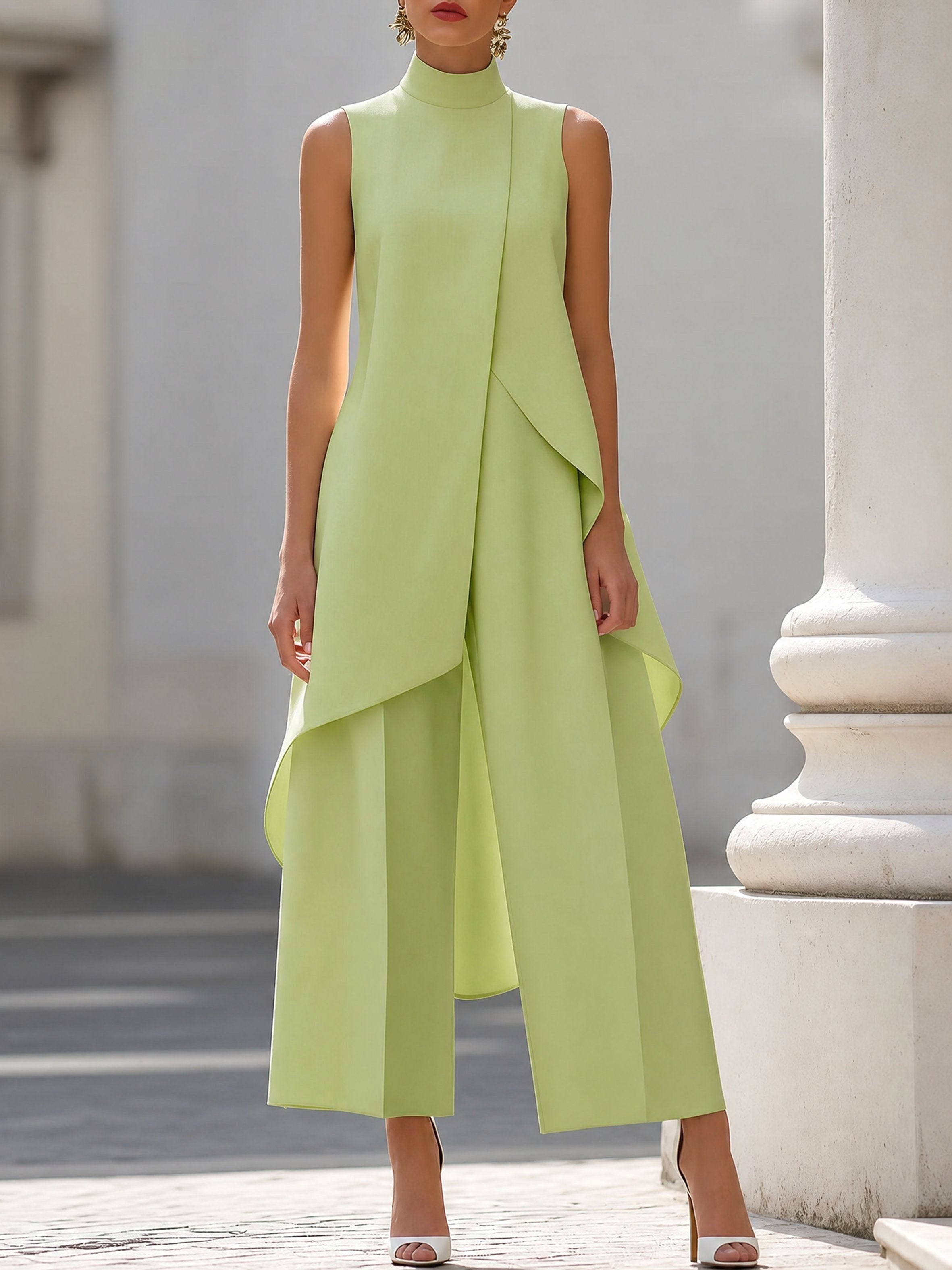 Brooke | Women's High-Neck Asymmetric Top Two-Piece Set, Wide-Leg Trouser Suit | Dressific