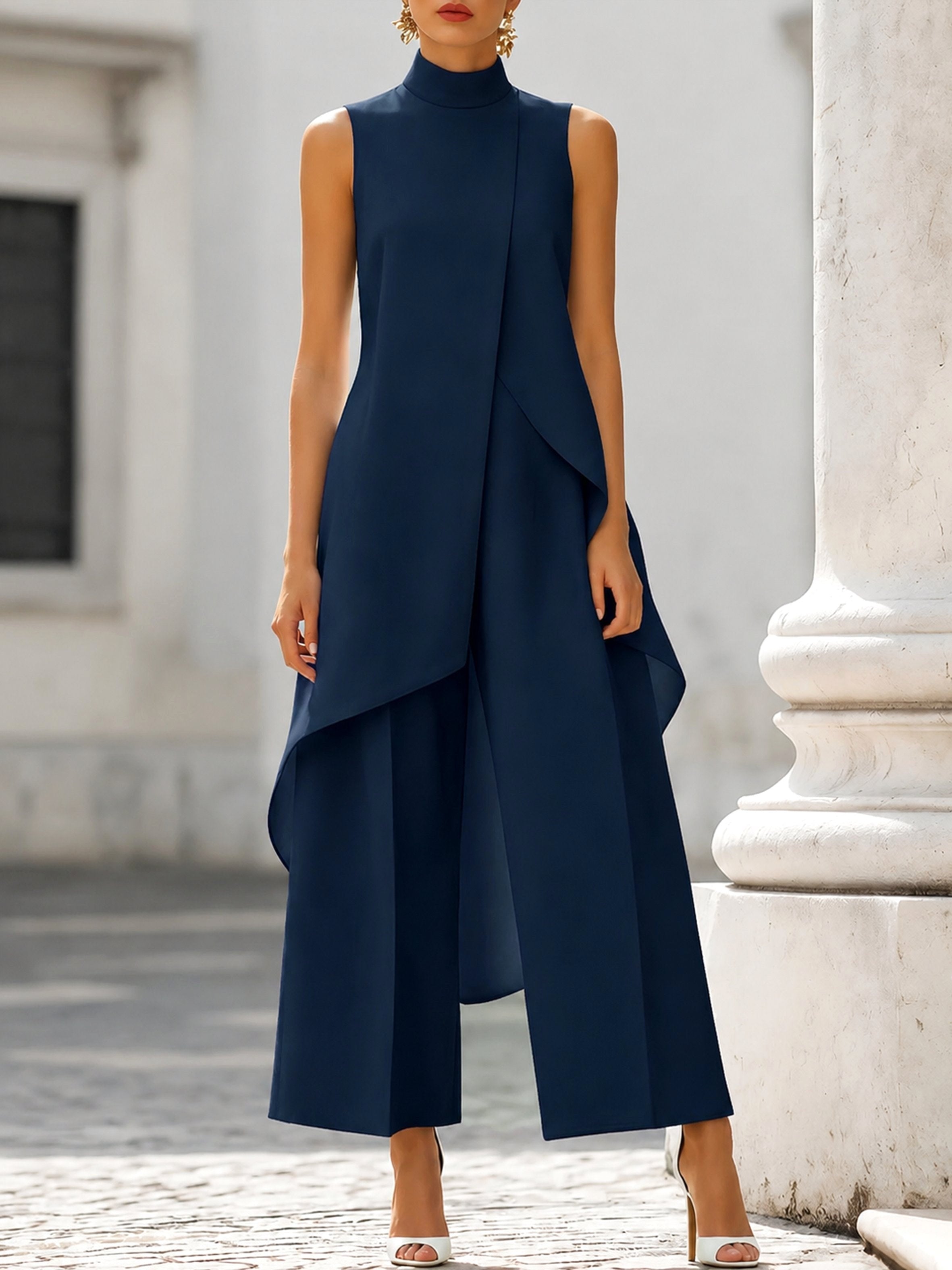 Brooke | Women's High-Neck Asymmetric Top Two-Piece Set, Wide-Leg Trouser Suit | Dressific