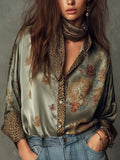 Brooke | Women's Satin Floral Button-Down Shirt, Lightweight Summer Top for Holidays and Casual Wear, Lightweight Summer Top for Holidays and Casual Wear - sage green