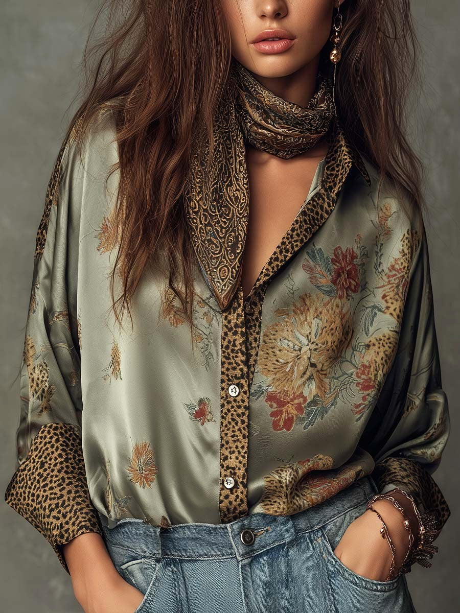 Brooke | Women's Satin Floral Button-Down Shirt, Lightweight Summer Top for Holidays and Casual Wear, Lightweight Summer Top for Holidays and Casual Wear - sage green