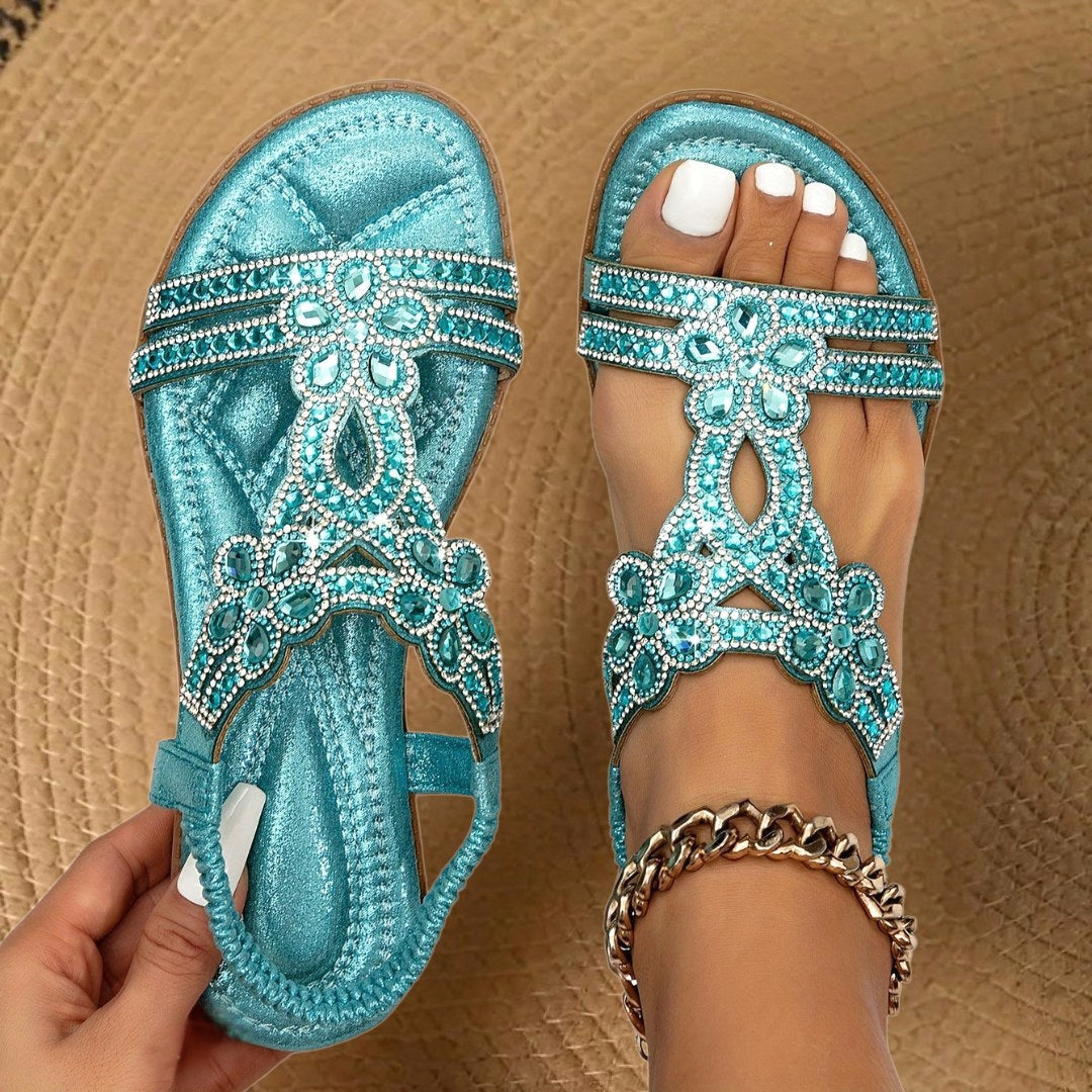 Carissa | Women's Orthopedic Flat Sandals with Rhinestone Details, Supportive Everyday Sandals | Dressific | Light Blue