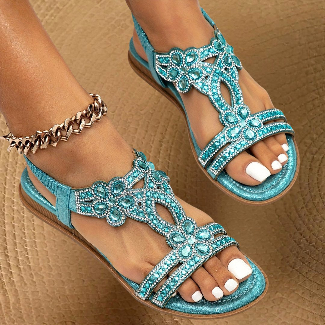 Carissa | Women's Orthopedic Flat Sandals with Rhinestone Details, Supportive Everyday Sandals | Dressific | Black
