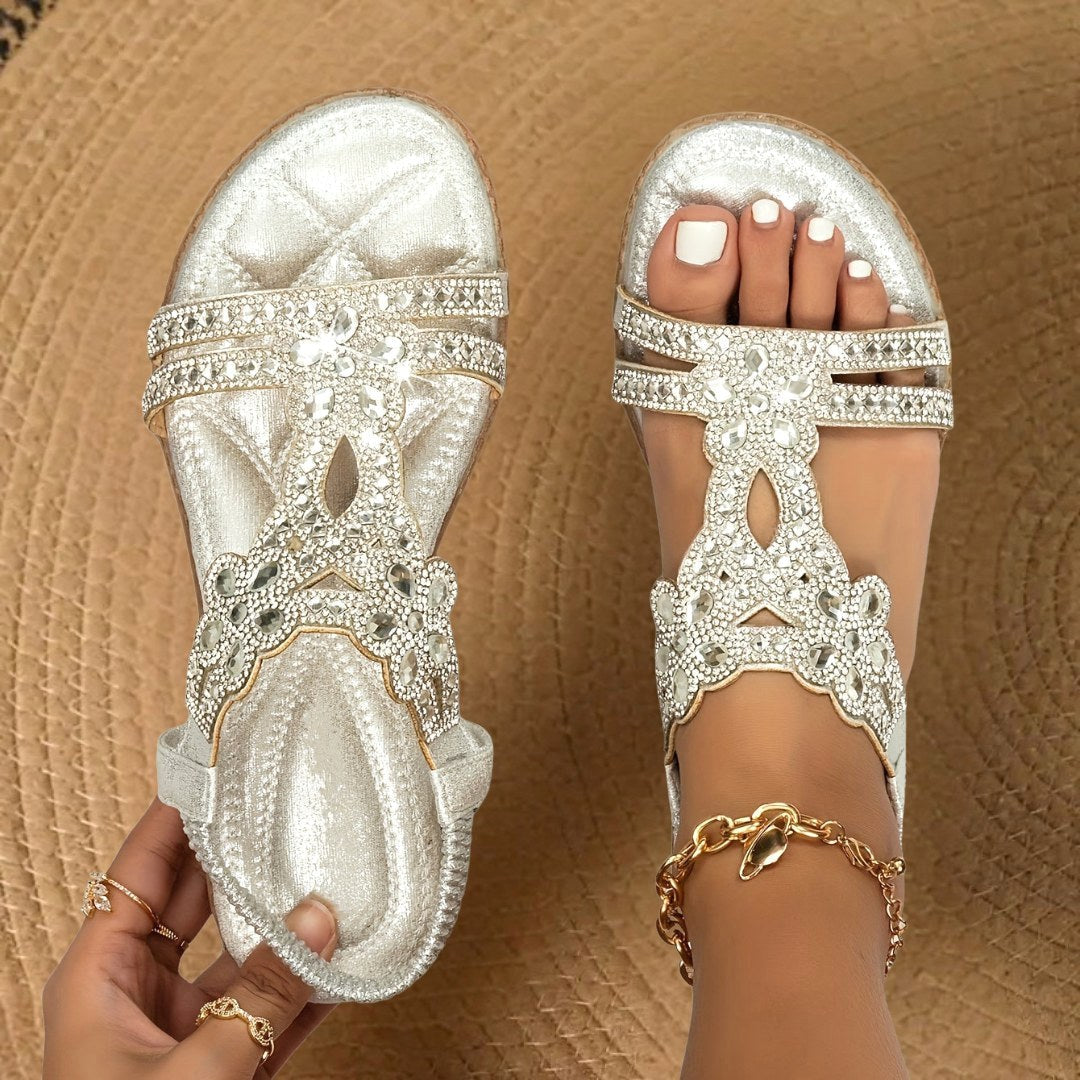 Carissa | Women's Orthopedic Flat Sandals with Rhinestone Details, Supportive Everyday Sandals | Dressific | Gold