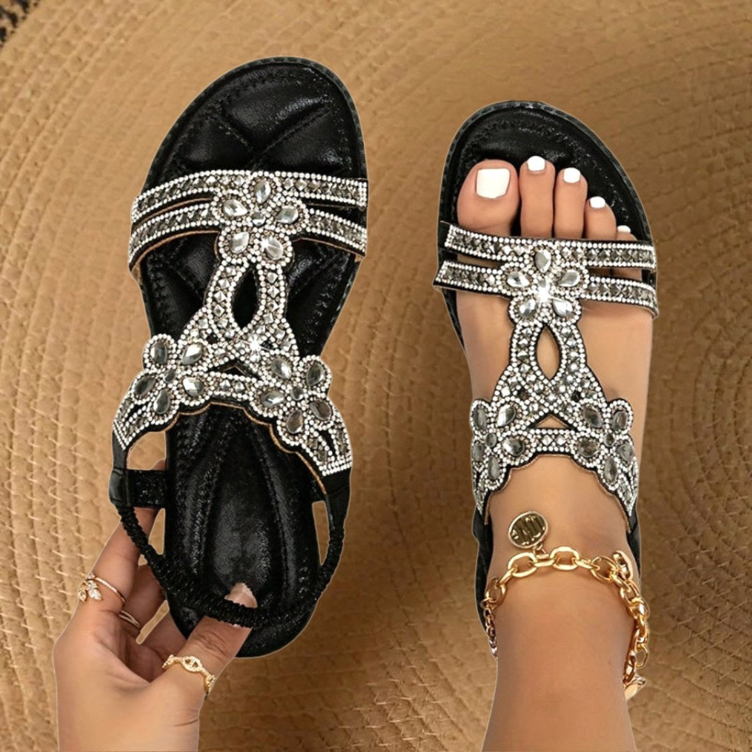 Carissa | Women's Orthopedic Flat Sandals with Rhinestone Details, Supportive Everyday Sandals | Dressific | Blue