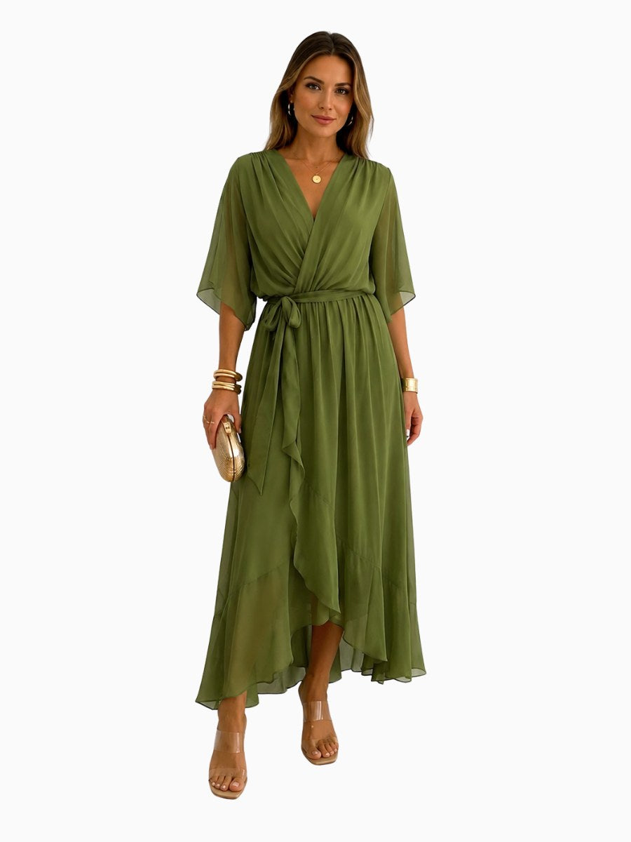 Casey | Women's Wrap-Front Chiffon Midi Dress, Flowing Occasion Dress | Dressific | Olijf Groen