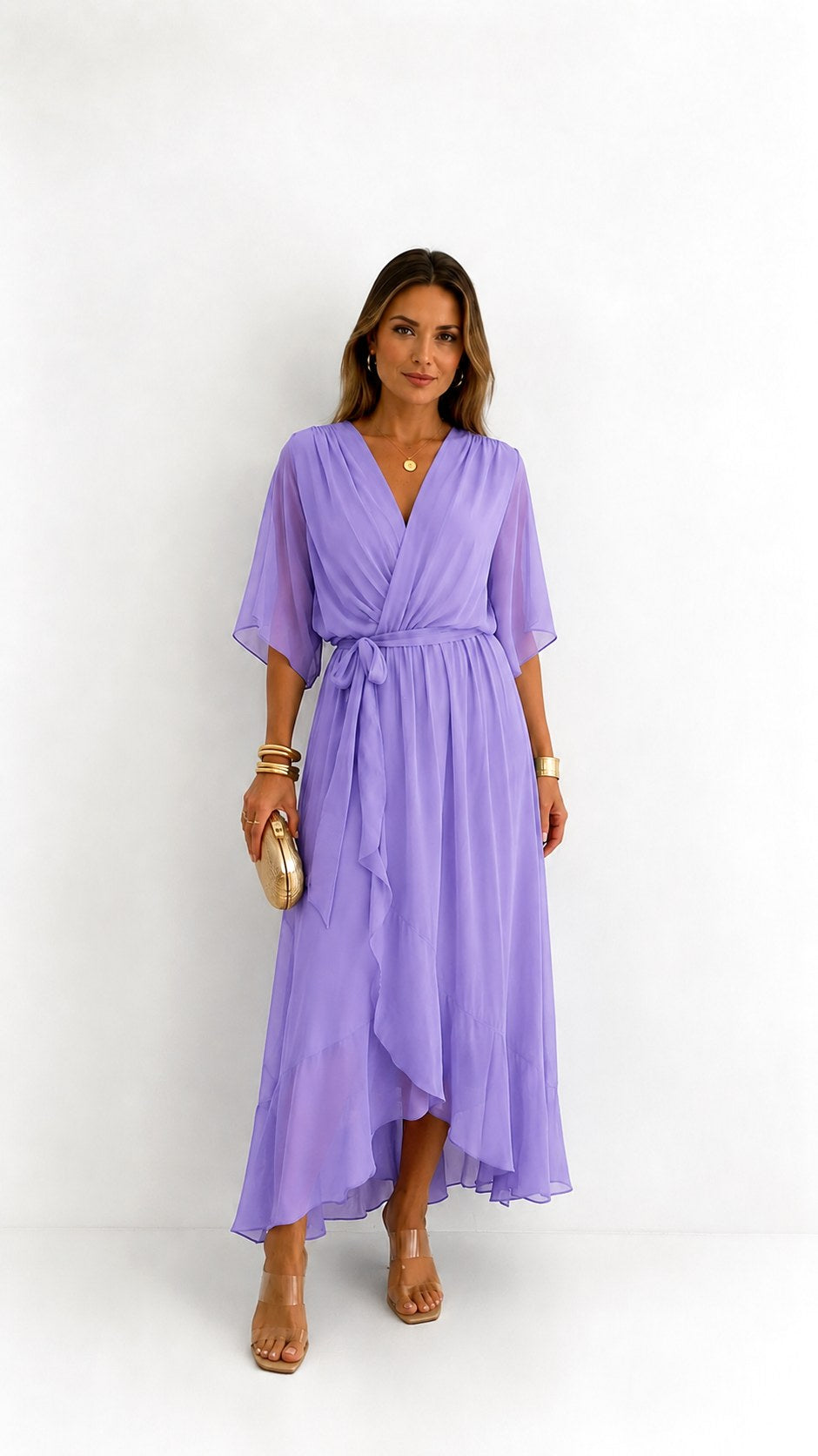 Casey | Women's Wrap-Front Chiffon Midi Dress, Flowing Occasion Dress | Dressific