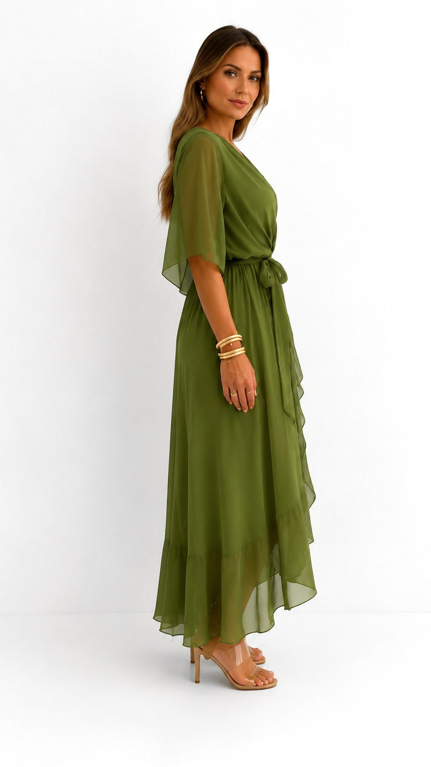 Casey | Women's Wrap-Front Chiffon Midi Dress, Flowing Occasion Dress | Dressific