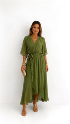 Casey | Women's Wrap-Front Chiffon Midi Dress, Flowing Occasion Dress | Dressific | Zwart
