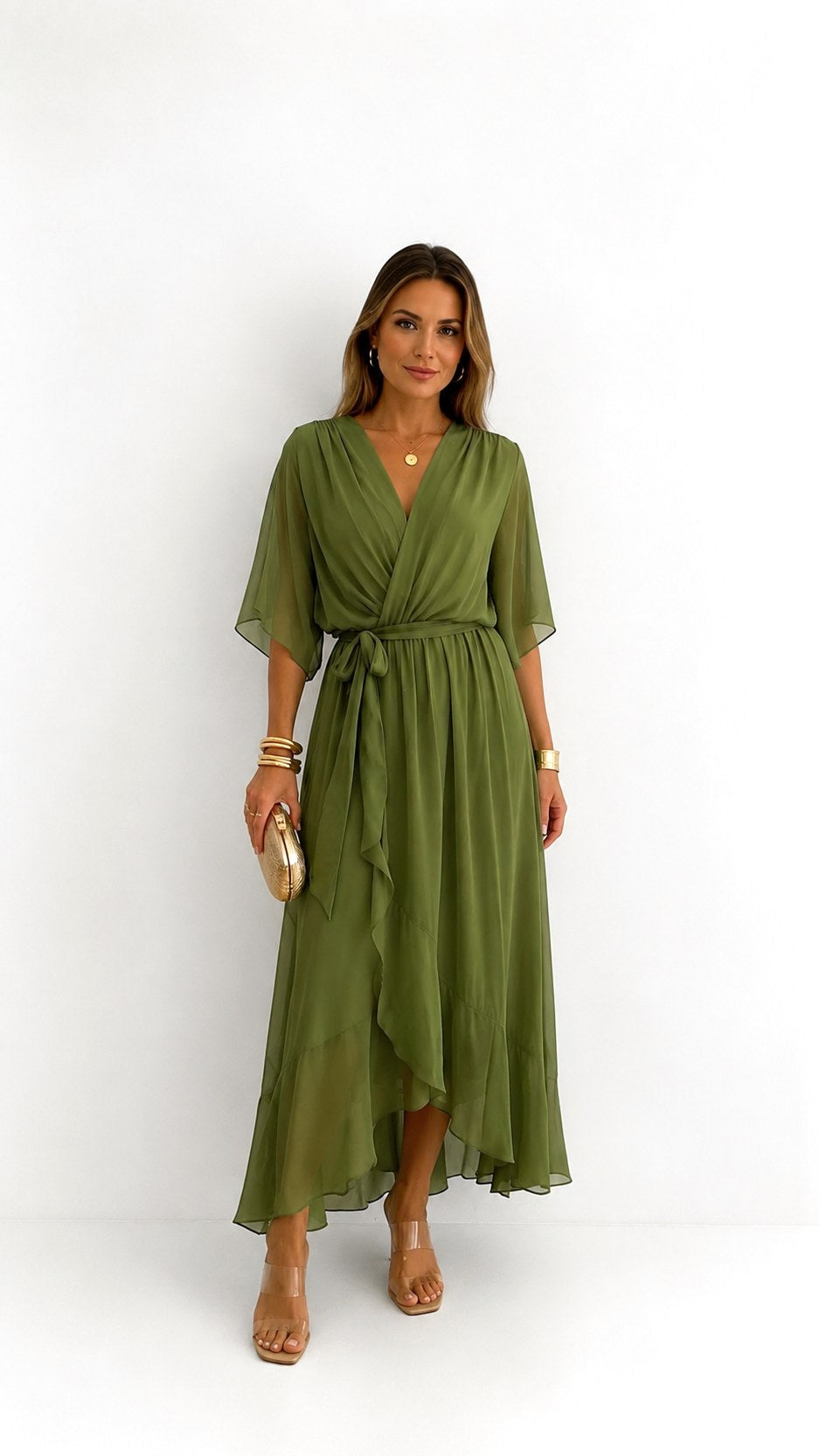 Casey | Women's Wrap-Front Chiffon Midi Dress, Flowing Occasion Dress | Dressific | Zwart
