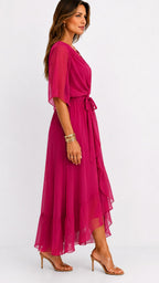 Casey | Women's Wrap-Front Chiffon Midi Dress, Flowing Occasion Dress | Dressific