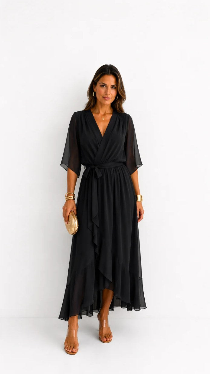Casey | Women's Wrap-Front Chiffon Midi Dress, Flowing Occasion Dress | Dressific | Blauw