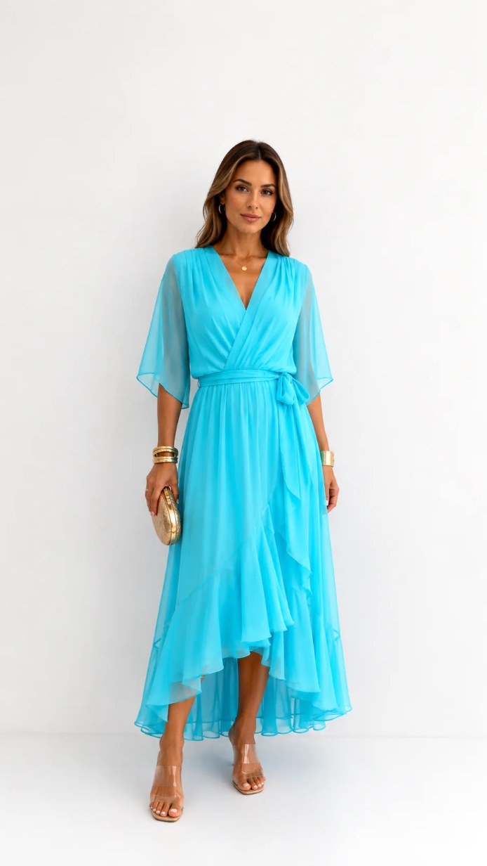 Casey | Women's Wrap-Front Chiffon Midi Dress, Flowing Occasion Dress | Dressific | Roze