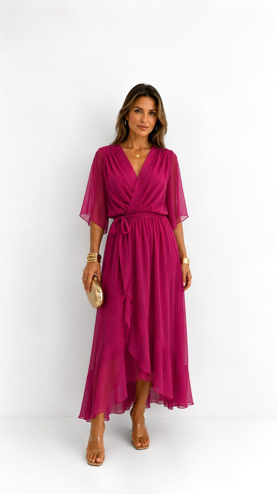 Casey | Women's Wrap-Front Chiffon Midi Dress, Flowing Occasion Dress | Dressific | Grijs