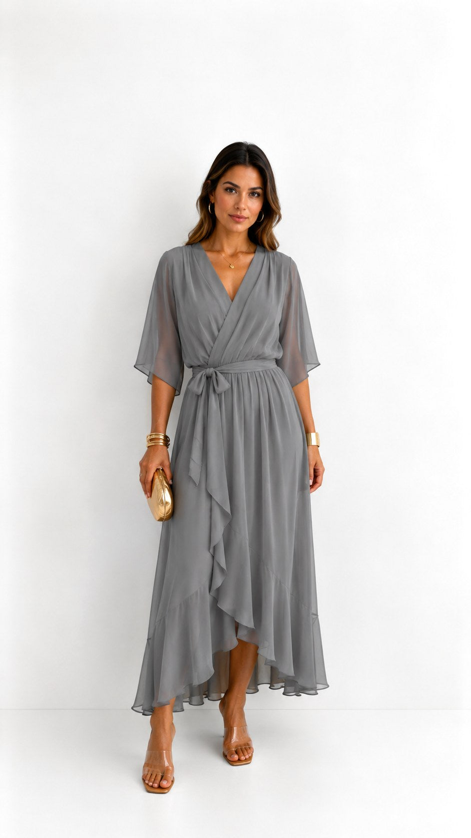 Casey | Women's Wrap-Front Chiffon Midi Dress, Flowing Occasion Dress | Dressific | Wit