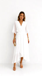 Casey | Women's Wrap-Front Chiffon Midi Dress, Flowing Occasion Dress | Dressific | Bordeaux Rood