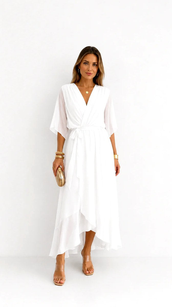 Casey | Women's Wrap-Front Chiffon Midi Dress, Flowing Occasion Dress | Dressific | Bordeaux Rood