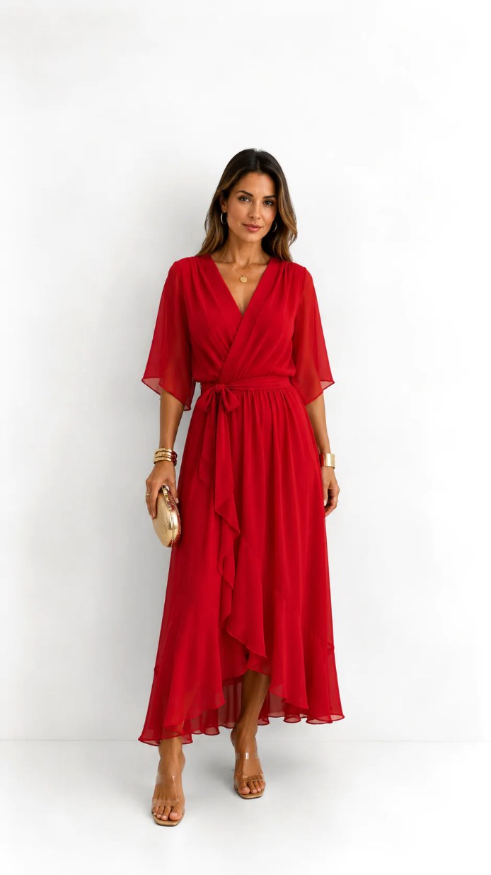 Casey | Women's Wrap-Front Chiffon Midi Dress, Flowing Occasion Dress | Dressific | Oranje