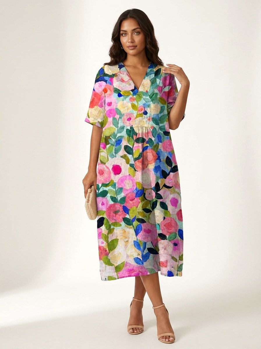 Cassandra | Women's Lightweight Midi Dress with Nature Print, V-Neck Midi Dress | Dressific | Bloem 1