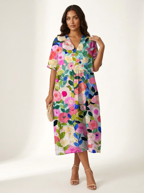 Cassandra | Women's Lightweight Midi Dress with Nature Print, V-Neck Midi Dress | Dressific | Bloem 1