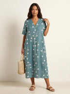 Cassandra | Women's Lightweight Midi Dress with Nature Print, V-Neck Midi Dress | Dressific | Bloem 10