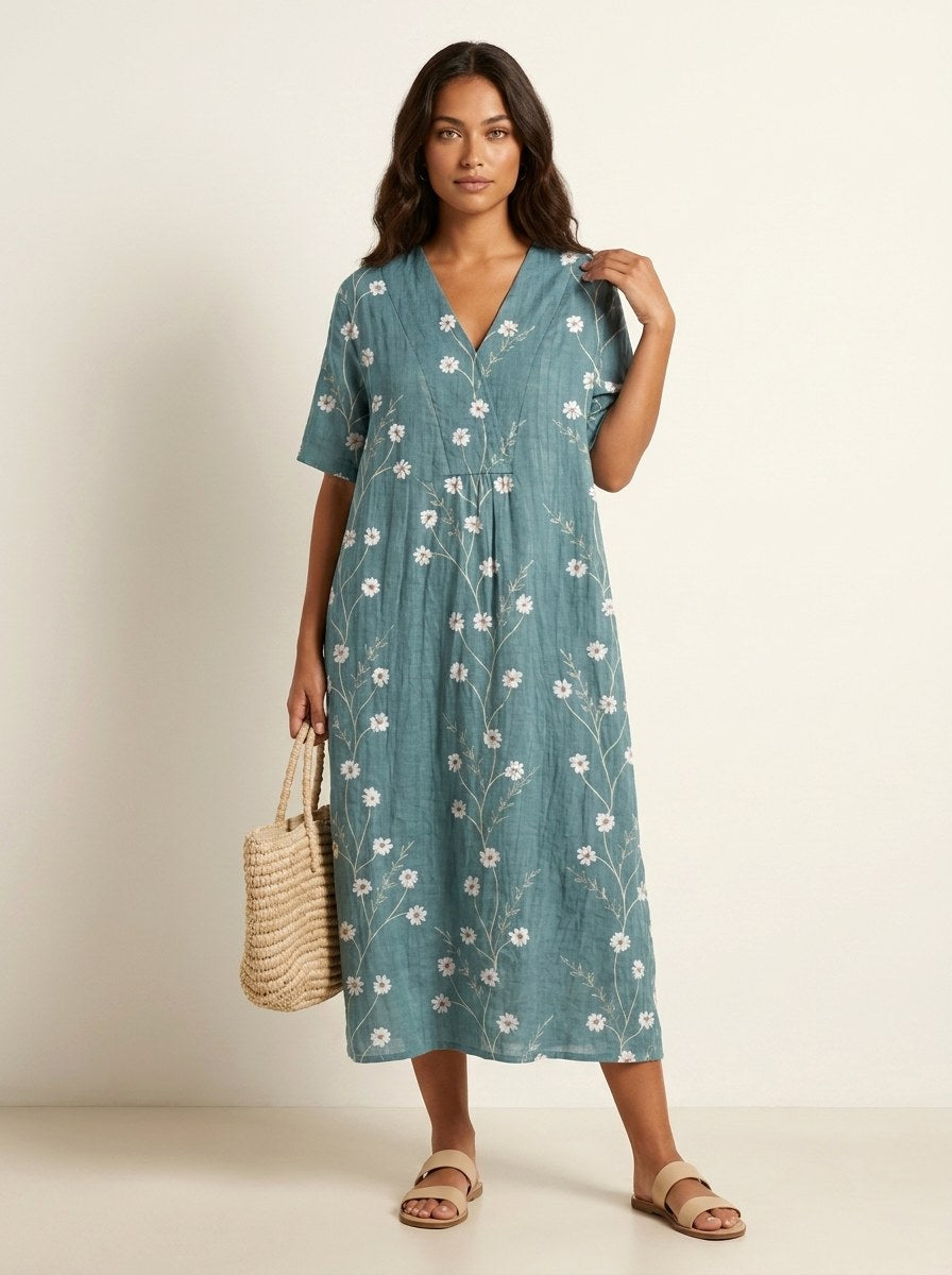 Cassandra | Women's Lightweight Midi Dress with Nature Print, V-Neck Midi Dress | Dressific | Bloem 10