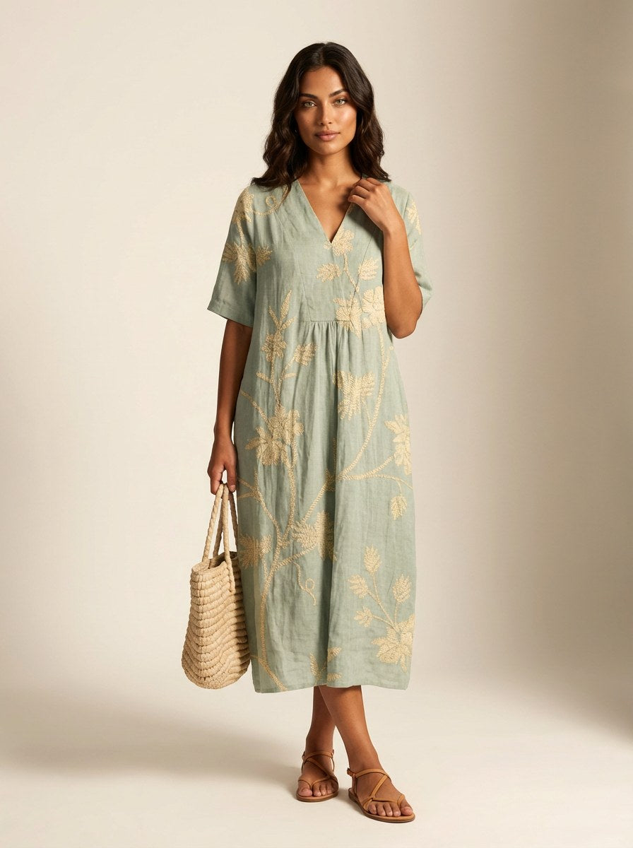 Cassandra | Women's Lightweight Midi Dress with Nature Print, V-Neck Midi Dress | Dressific | Bloem 11