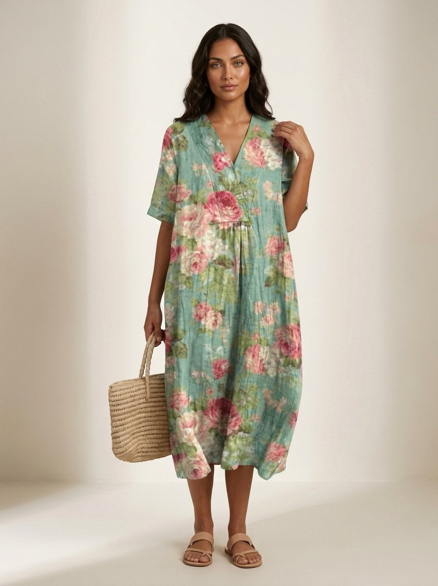 Cassandra | Women's Lightweight Midi Dress with Nature Print, V-Neck Midi Dress | Dressific | Bloem 12