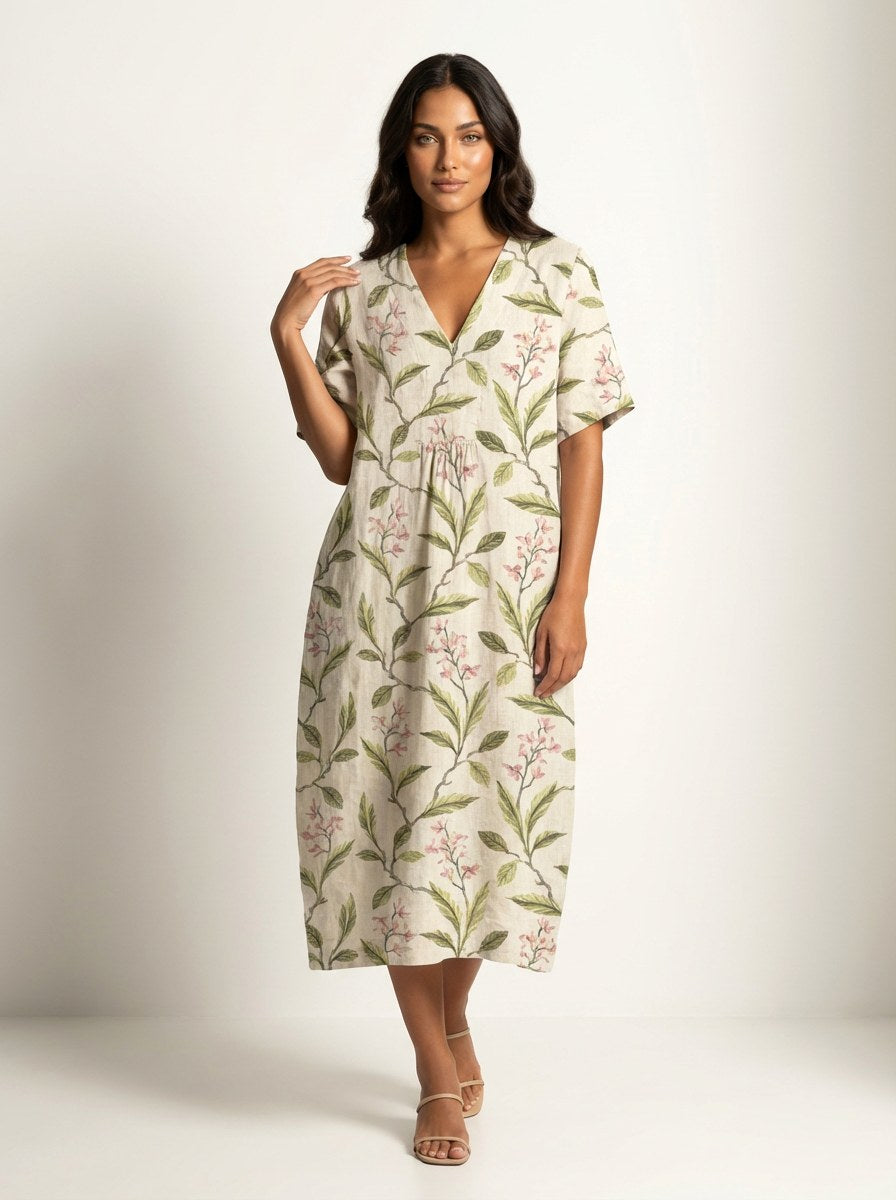 Cassandra | Women's Lightweight Midi Dress with Nature Print, V-Neck Midi Dress | Dressific | Bloem 13
