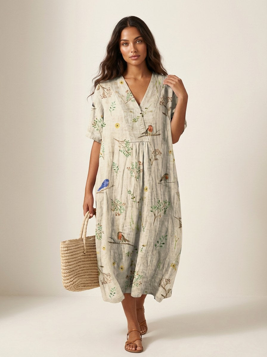 Cassandra | Women's Lightweight Midi Dress with Nature Print, V-Neck Midi Dress | Dressific | Bloem 14