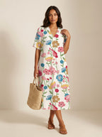 Cassandra | Women's Lightweight Midi Dress with Nature Print, V-Neck Midi Dress | Dressific | Bloem 15