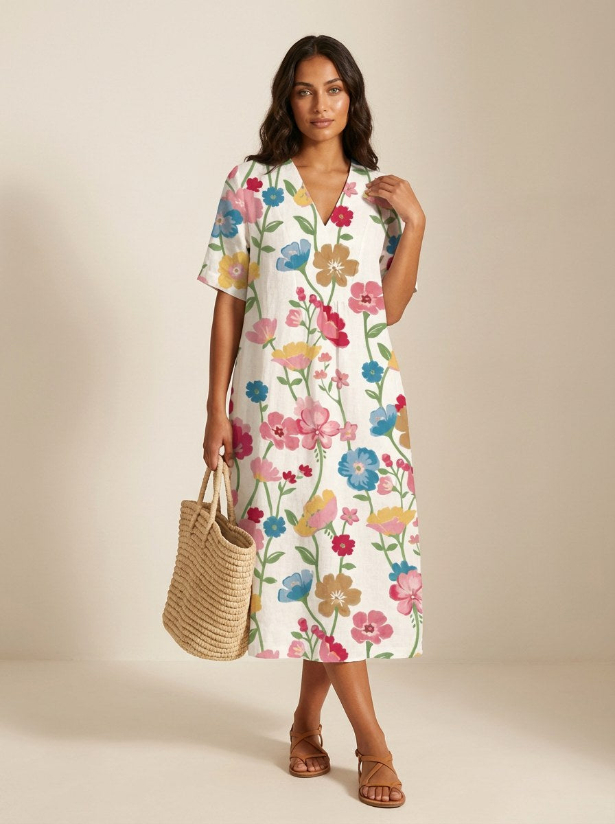 Cassandra | Women's Lightweight Midi Dress with Nature Print, V-Neck Midi Dress | Dressific | Bloem 15