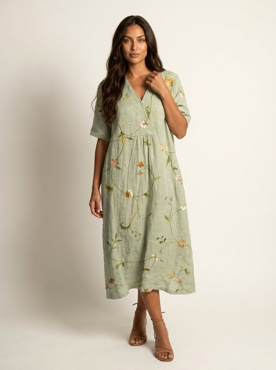 Cassandra | Women's Lightweight Midi Dress with Nature Print, V-Neck Midi Dress | Dressific | Bloem 2