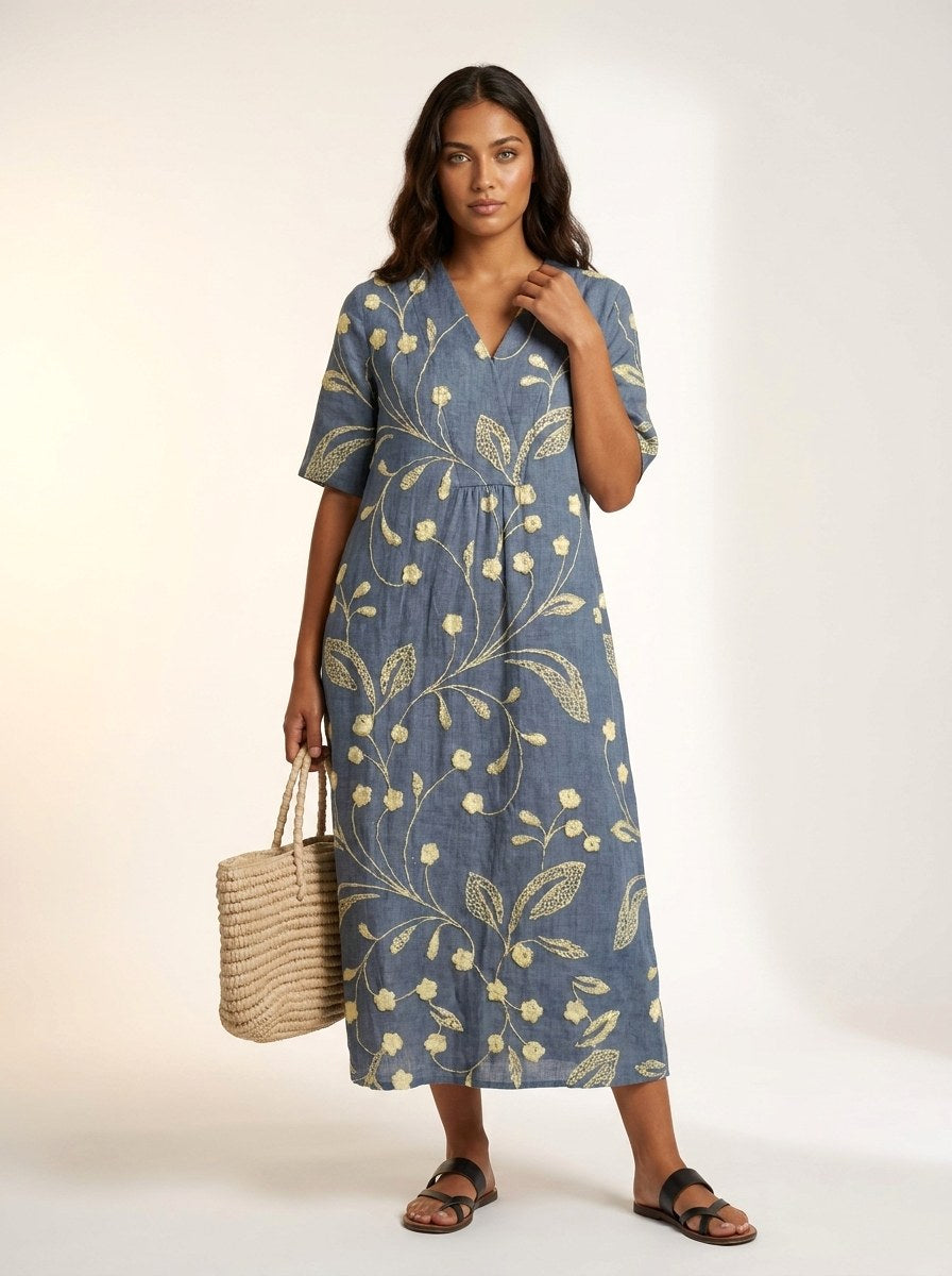 Cassandra | Women's Lightweight Midi Dress with Nature Print, V-Neck Midi Dress | Dressific | Bloem 3