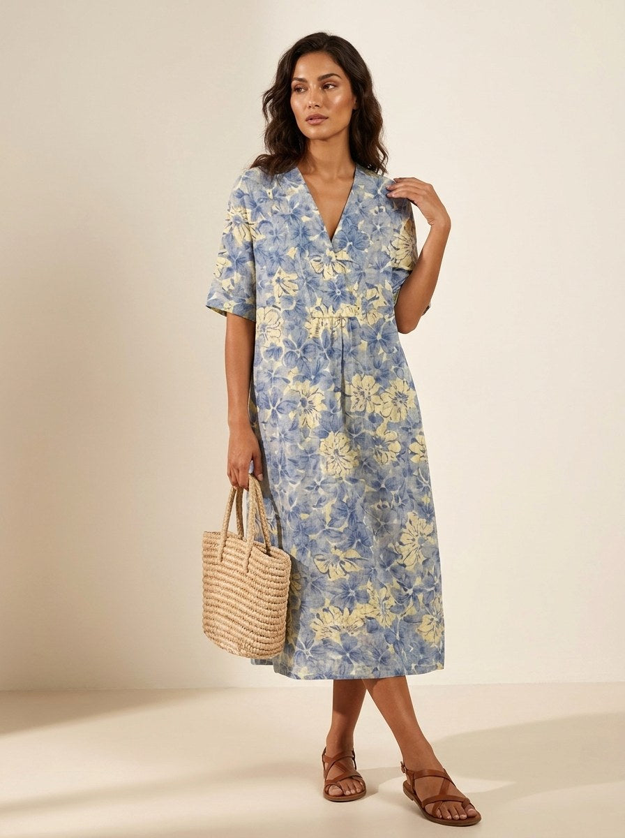 Cassandra | Women's Lightweight Midi Dress with Nature Print, V-Neck Midi Dress | Dressific | Bloem 4