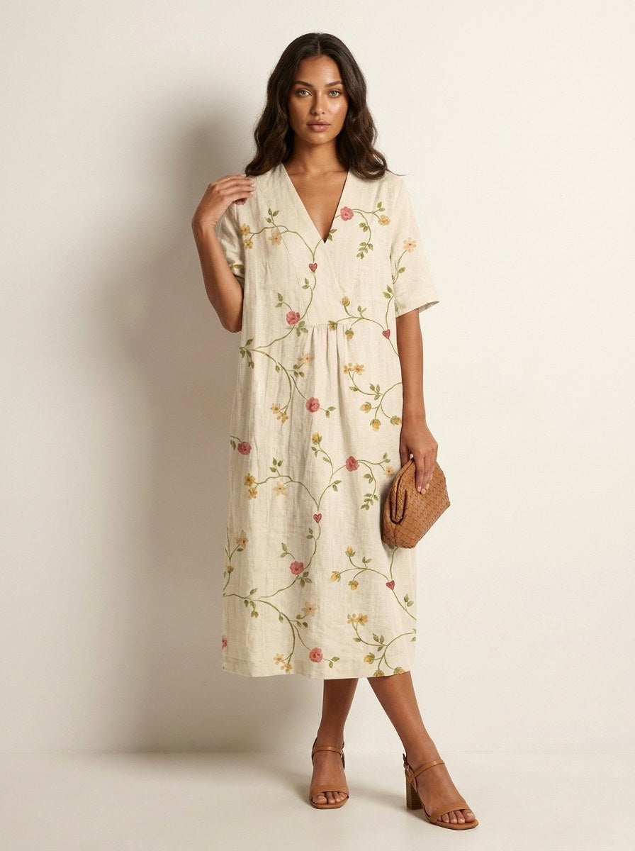 Cassandra | Women's Lightweight Midi Dress with Nature Print, V-Neck Midi Dress | Dressific | Bloem 5