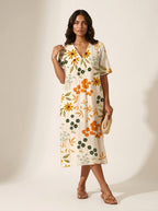 Cassandra | Women's Lightweight Midi Dress with Nature Print, V-Neck Midi Dress | Dressific | Bloem 6