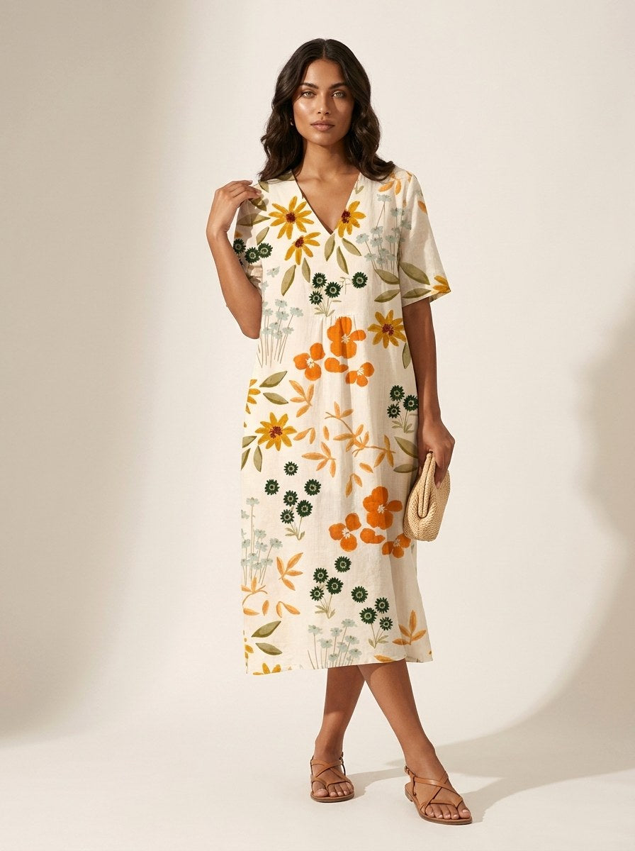Cassandra | Women's Lightweight Midi Dress with Nature Print, V-Neck Midi Dress | Dressific | Bloem 6