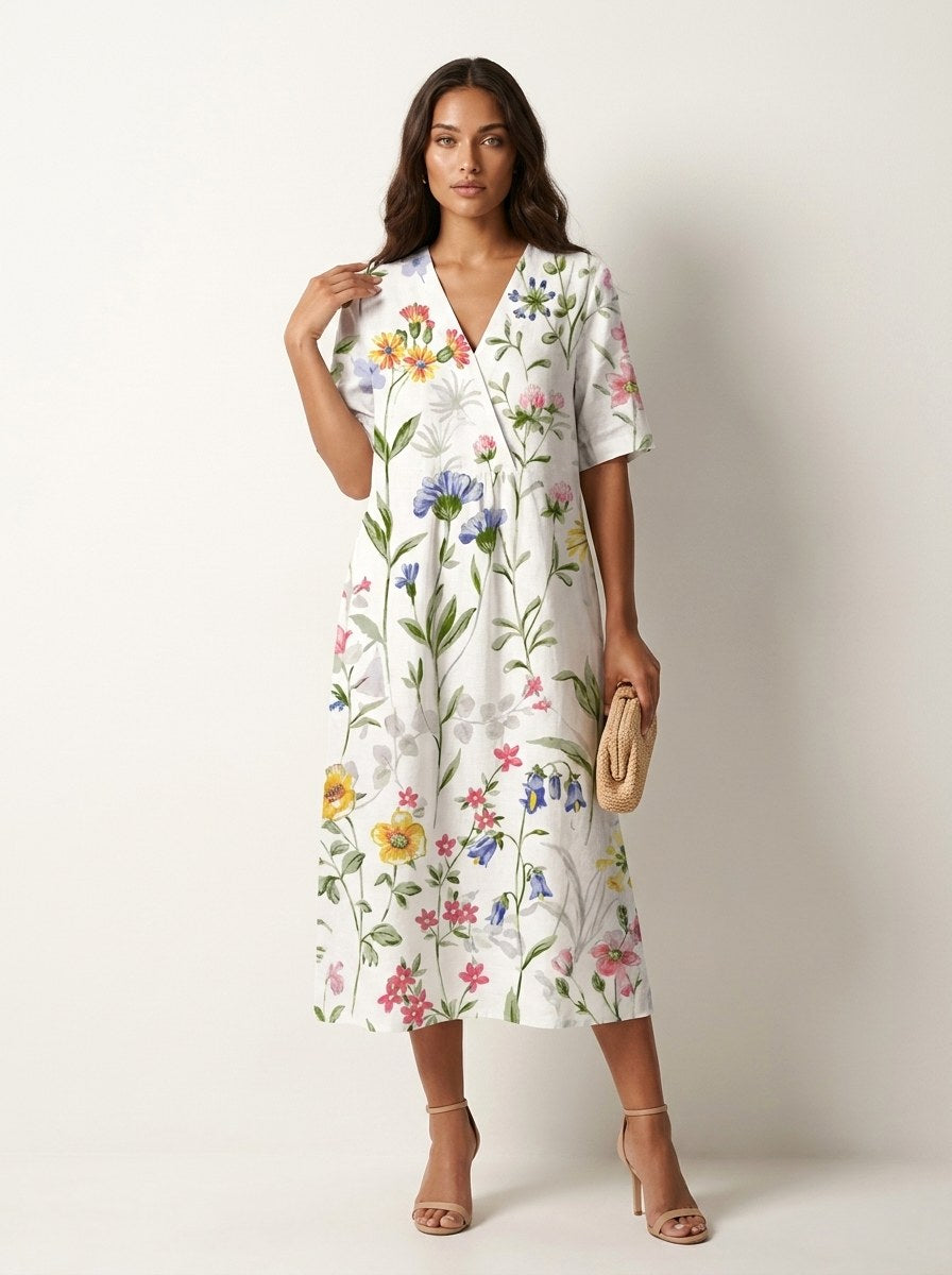 Cassandra | Women's Lightweight Midi Dress with Nature Print, V-Neck Midi Dress | Dressific | Bloem 7