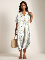 Cassandra | Women's Lightweight Midi Dress with Nature Print, V-Neck Midi Dress | Dressific | Bloem 8