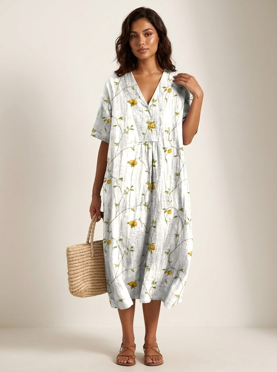 Cassandra | Women's Lightweight Midi Dress with Nature Print, V-Neck Midi Dress | Dressific | Bloem 8