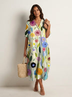 Cassandra | Women's Lightweight Midi Dress with Nature Print, V-Neck Midi Dress | Dressific | Bloem 9